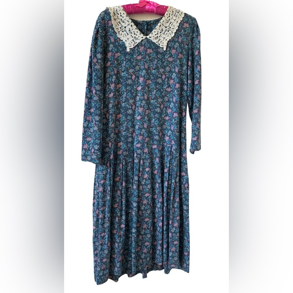 Laura Ashley Dresses & Skirts - Laura Ashley, vintage, prairie, victorian, lace collar, greenish blue, eighties